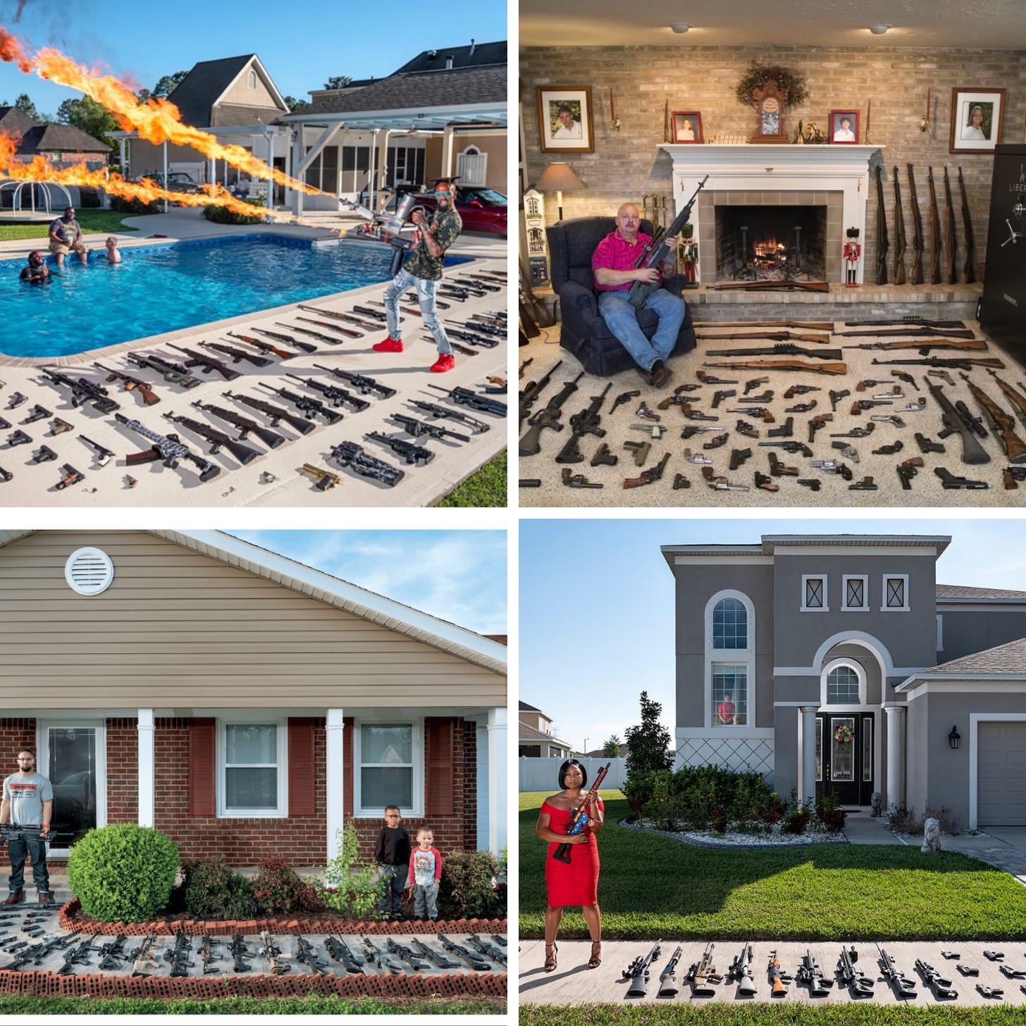 Four portraits of Americans posing at home with large firearm collections