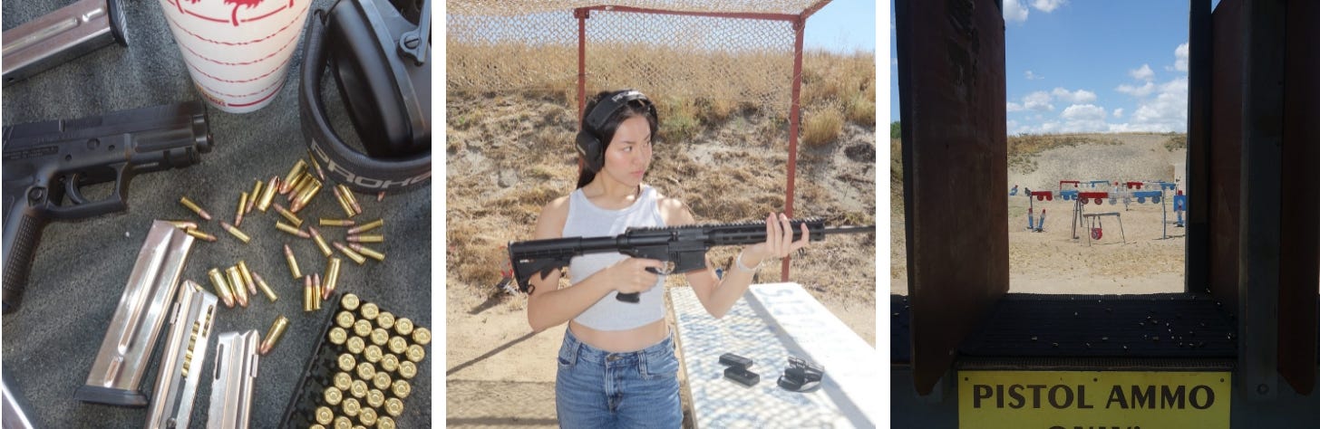 Three snapshots from Audrey Huang’s day at a shooting range