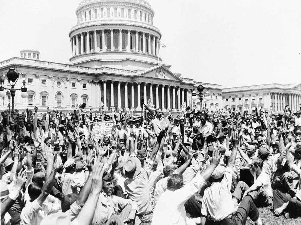 A large crowd of Bonus Army veterans gathered before the United States Capitol in 1932