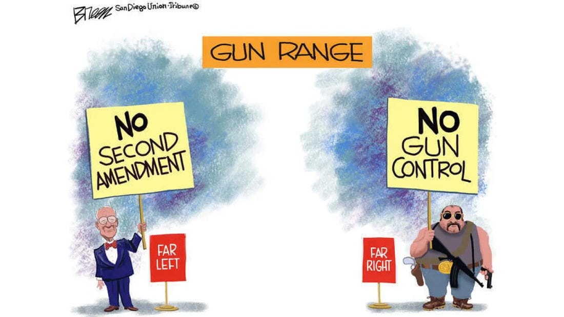 Steve Breen cartoon contrasting far-left and far-right positions on the Second Amendment and gun control