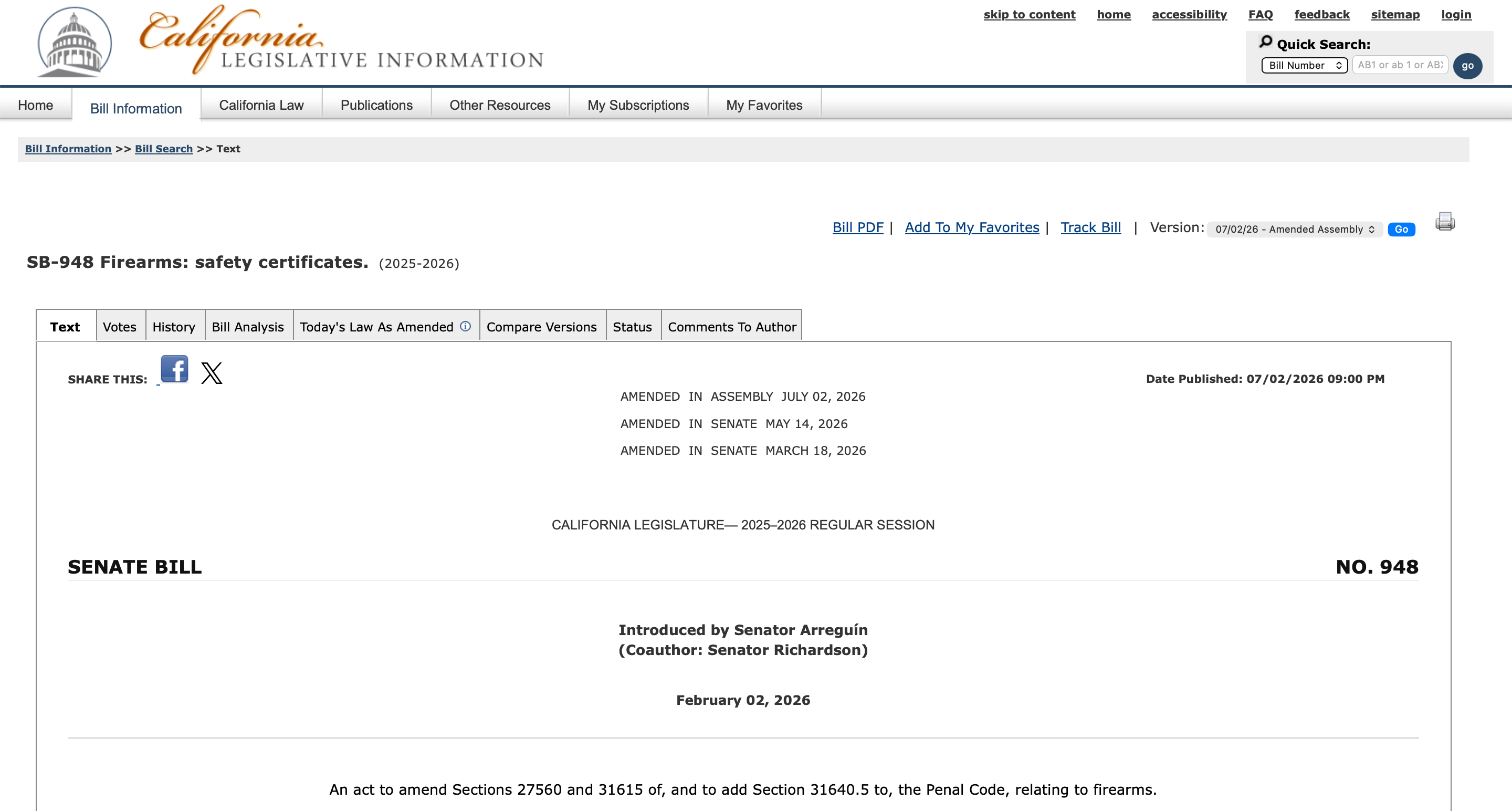 California Legislative Information portal displaying Senate Bill 948