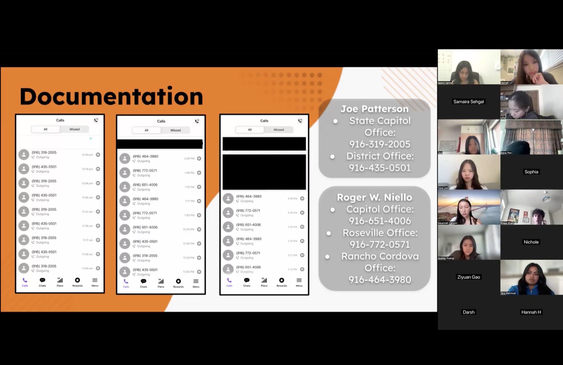 Phone Banking presentation documenting calls to legislative offices